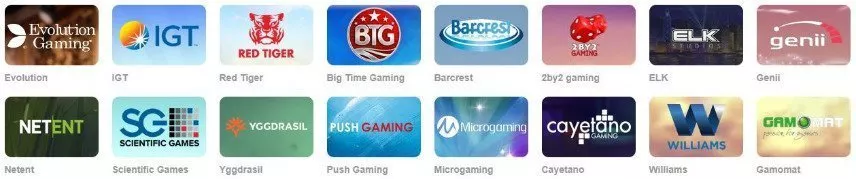 Bilden visar logotyper från ett antal av de olika spelutvecklarna som levererar casinospel till Omnia Casino.