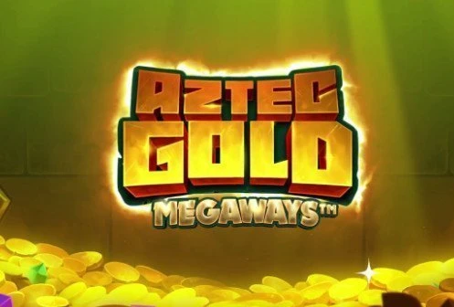 Bilden visar Aztec Gold Megaways logotyp samt en bakgrund med guldmynt på marken och ett grönt sken. photo