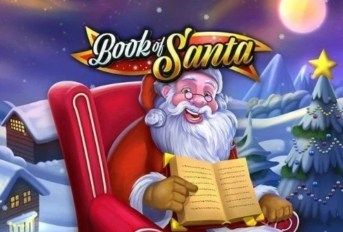 Grafik och logotyp för casinospelet Book of Santa. Jultomten sitter på en stol. Han håller i en bok som är vänd från honom. photo