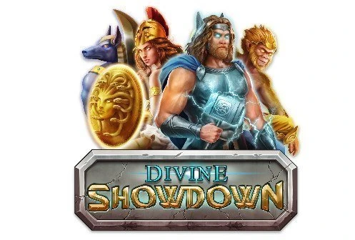 Logotyp tillhörande Divine Showdown. överst ser vi gudar från ett antal olika mytologier. Under syns texten 