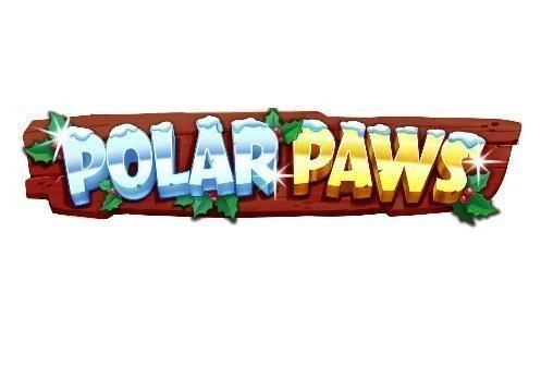 Logotyp tillhörande casinospelet Polar Paws. Vi ser en träskylt. På denna skylten står Polar Paws skrivet i silver och guld. photo
